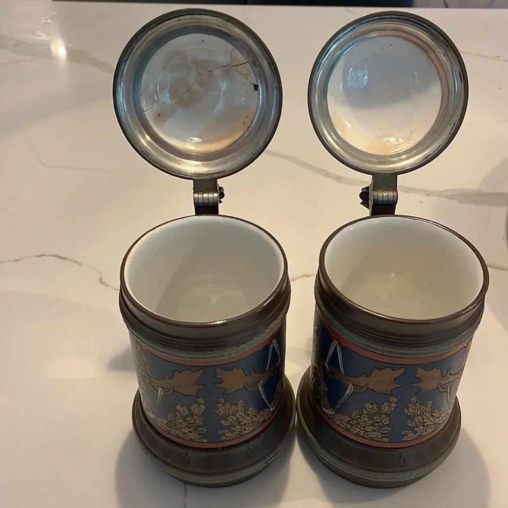 Vintage Mettlach German Beer Steins w/ lid matching 2pc set skull & cross - Picture 4 of 9